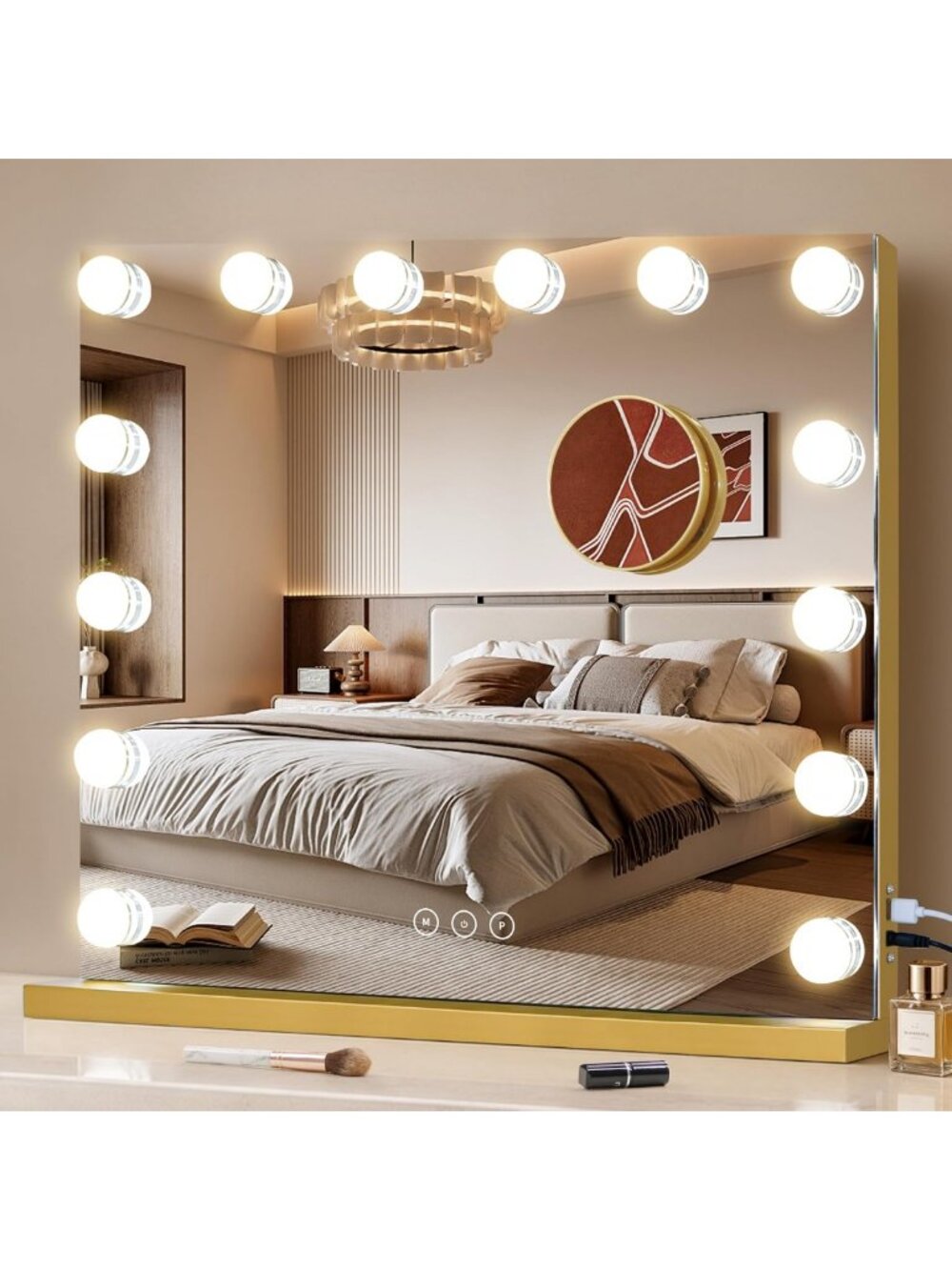 Lighted Vanity Mirror with Dimmable LED, 3 Color Modes, USB Touch Control, Gold